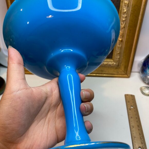 Antique Blue Compote Milk Glass About 7 Inches Tall Gold Leaves Trim Design - Picture 8 of 11